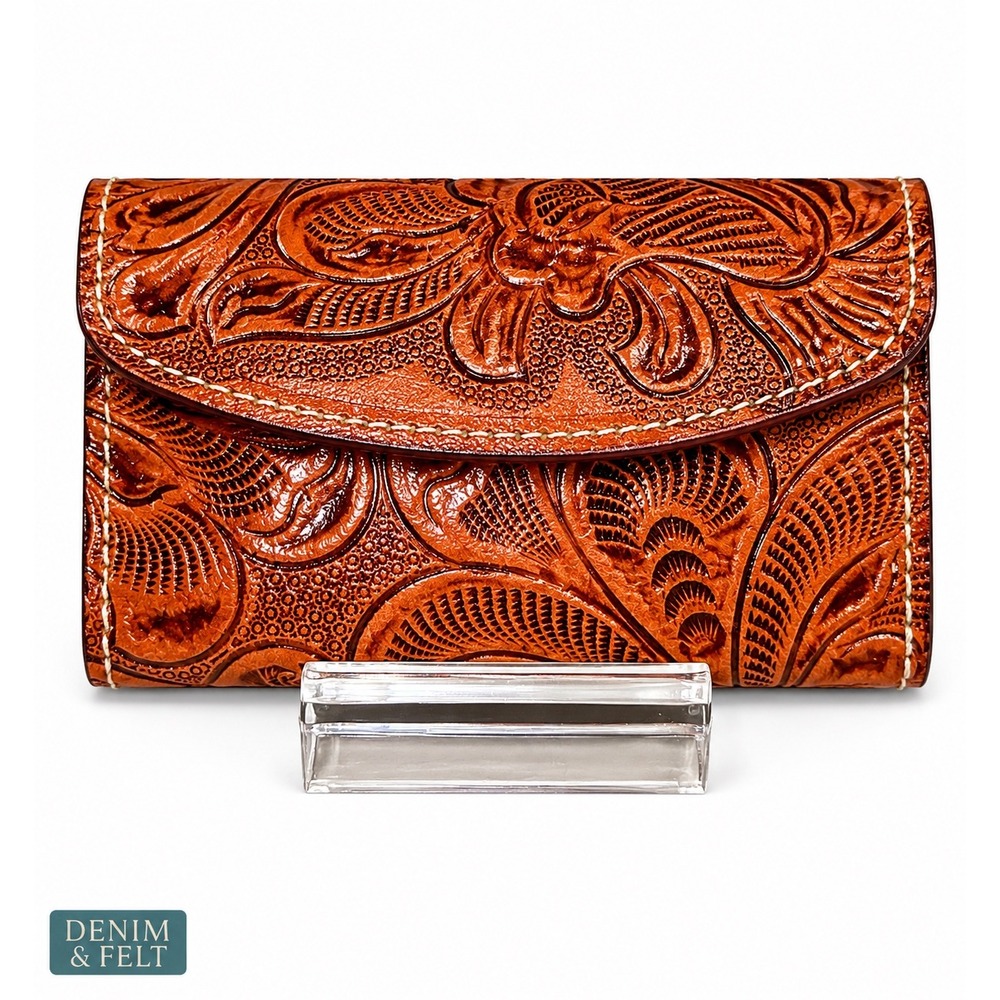 NEW Western Tooled Floral Leather Mini Wallet Coin Purse Compact Rodeo Cowgirl